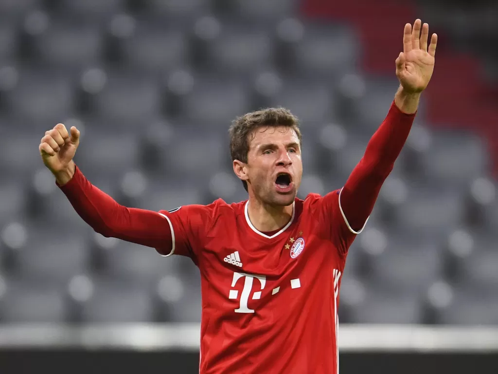 Thomas Muller di laga Bayern vs Atletico Liga Champions, Kamis (22/20/2020) dini hari WIB. (REUTERS/ANDREAS GEBERT)