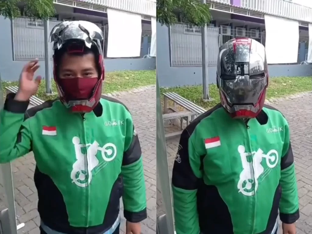 Cuplikan video pria yang merupakan ojol menggunakan helm iron man. (photo/Instagram/@makassar_iinfo)