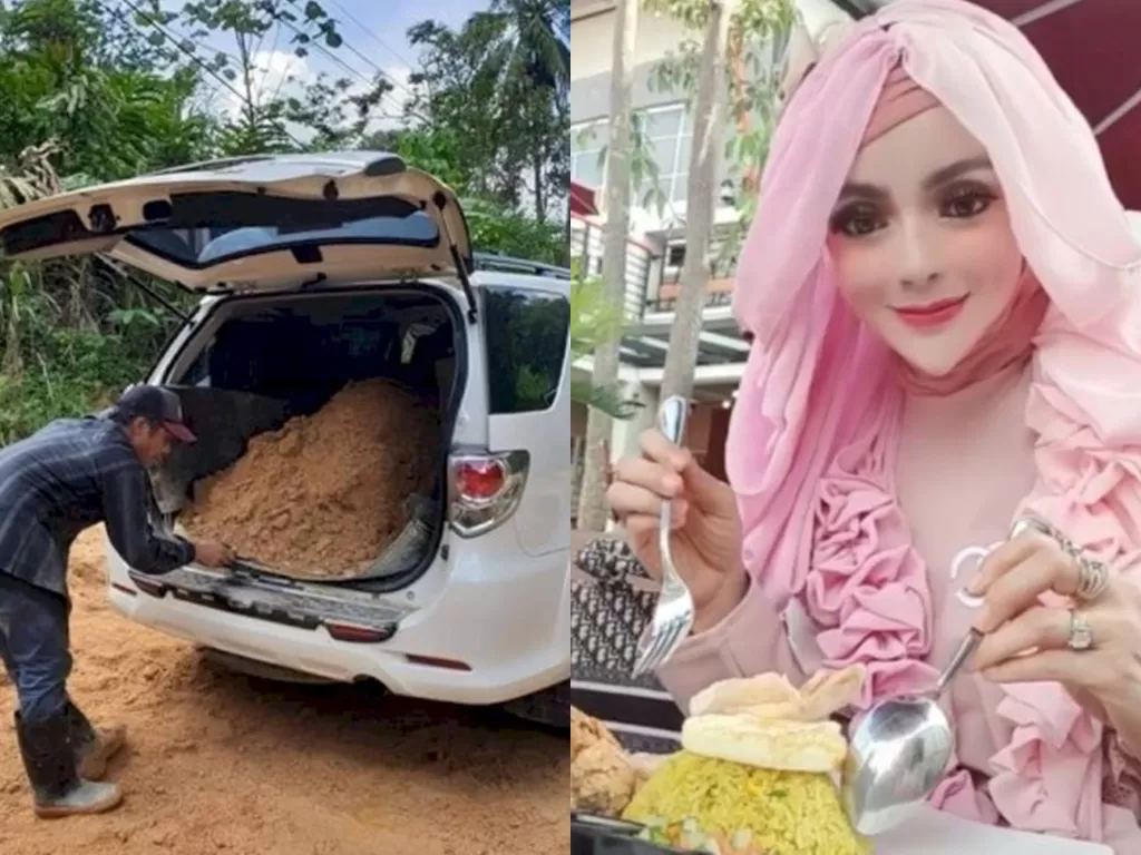 Fortuner dipakai untuk angkut tanah. (Facebook/Muksin Malaya) / Cewek mirip barbie makan nasi kuning. (Istimewa)