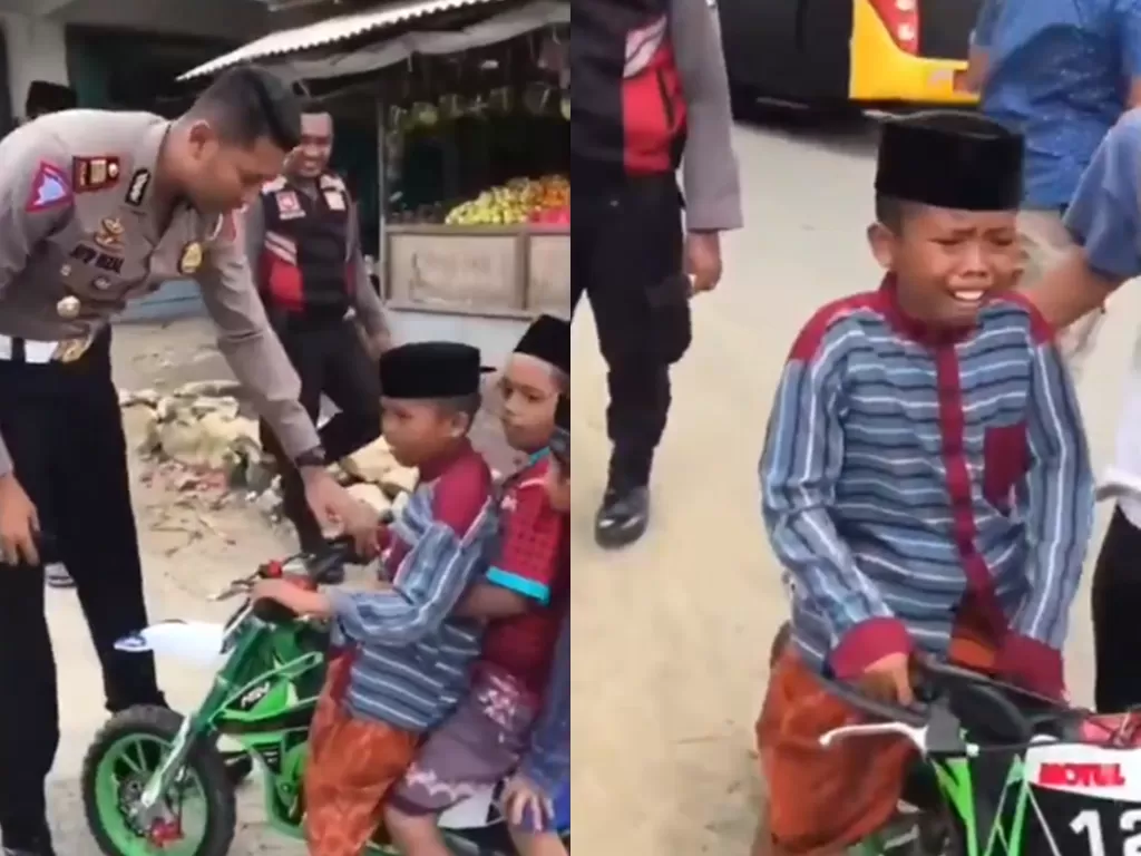 Cuplikan video disaat bocah yang disetop polisi gegara boncengan tiga naik motor mini. (photo/Twitter/@sosmedkeras)