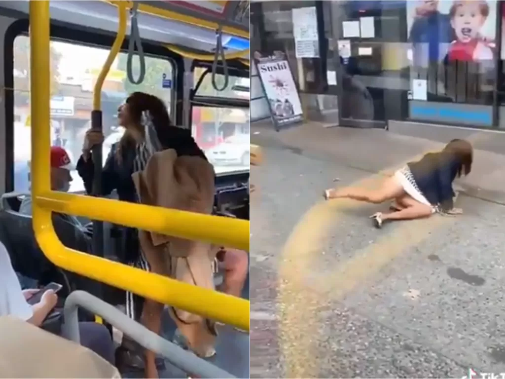 Wanita didorong keluar dari bus karena meludahi penumpang (Twitter/@FEEZYDoesIT)