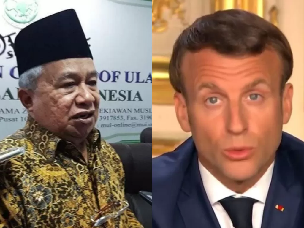 Kolase foto Wakil Ketua Umum MUI KH Muhyiddin Junaidi (ANTARA) dan Presiden Prancis Emmanuel Macron (Instagram @emmanuelmacron)