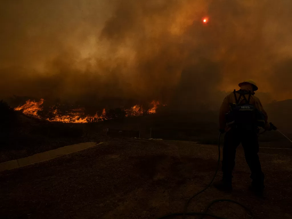 Seorang petugas pemadam kebakaran menggunakan selang taman pemilik rumah untuk membantu memerangi Kebakaran Silverado (REUTERS/Mike Blake)