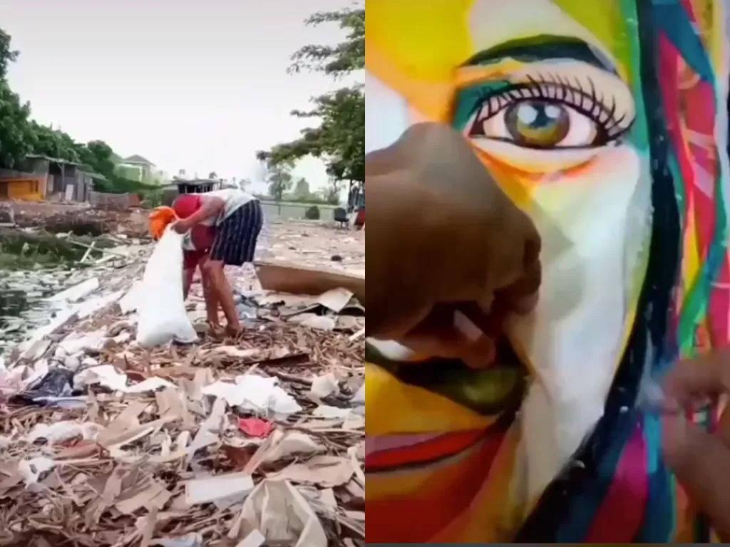 Cuplikan video saat pria yang membuat karya yang luar biasa dari sampah plastik. (photo/TikTok/@edy_art_studio)
