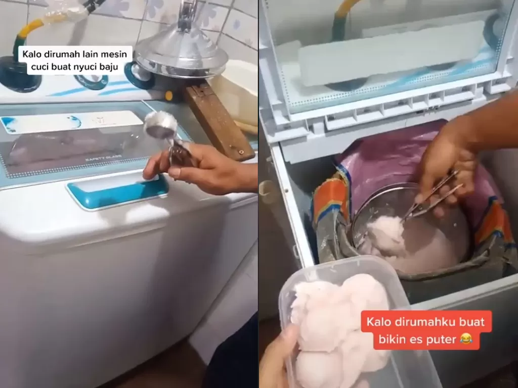 Cuplikan video disaat ayah netizen ini membuat es puter menggunakan mesin cuci. (photo/TikTok/@honeylime__,)