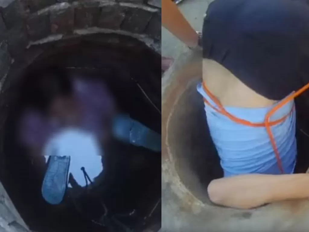 Cuplikan video petugas saat membantu ibu hamil 8 bulan yang tercebur sumur. (YouTube New China Tv)