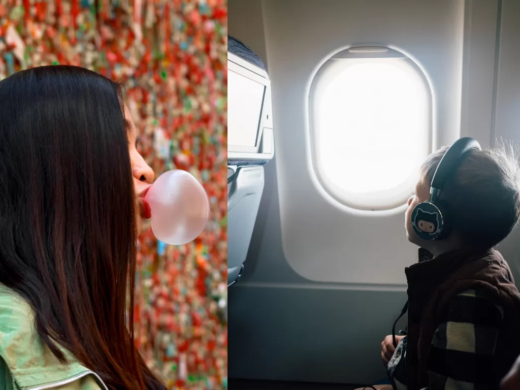 Ilustrasi mengunyah permen karet (kanan), ilustrasi naik pesawat (kiri). (Unsplash/@lilwayne123/@plhnk)