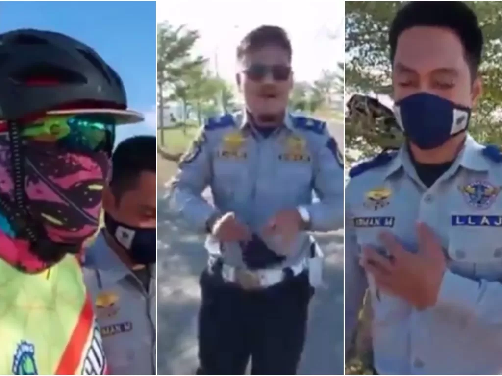 Dua petugas Dishub ditegur oleh pesepeda yang seorang pegawai pengadilan negeri karena tak pakai masker. (Istimewa)