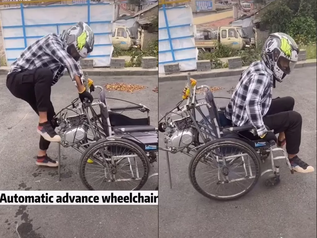 Cuplikan video saat pria yang bikin kursi roda menggunakan mesin motor. (photo/TikTok/@lovett185)