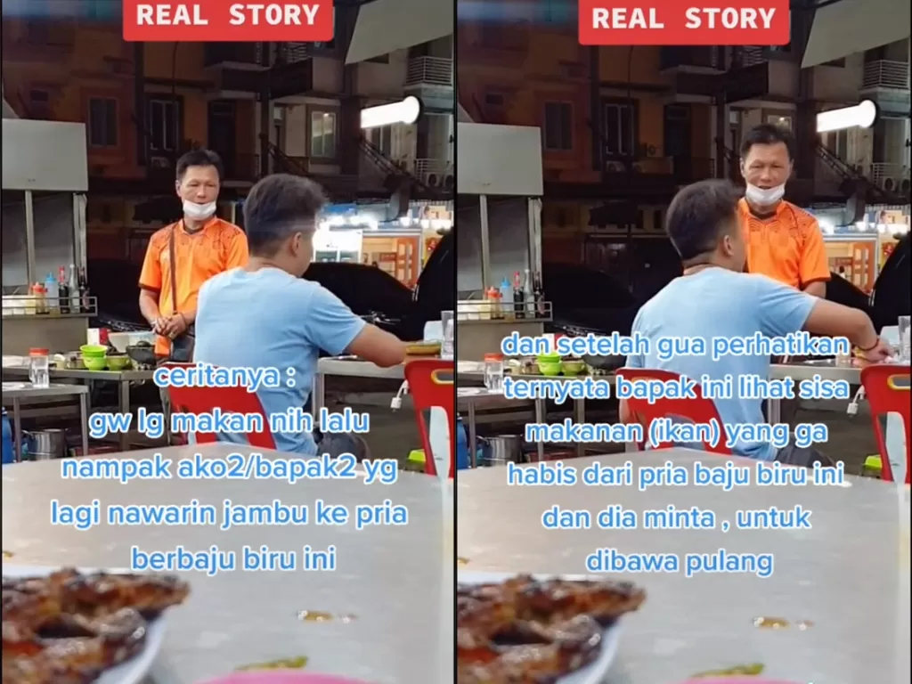Cuplikan video disaat pria yang berbaju oren yang meminta makanan sisa kepada pelanggan di rumah makan. (photo/TikTok/@vincent.vio)