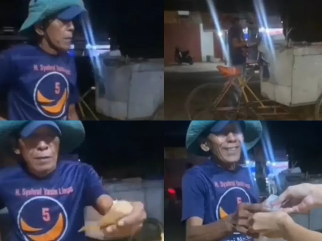Cuplikan video pedagang gorengan tak tega terima uang dari kakek pendorong gerobak. (Instagram @indopansos)
