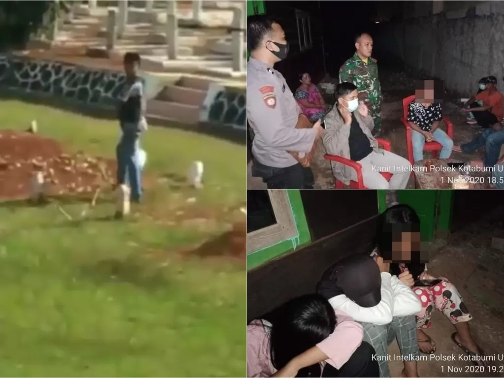 Kiri: Remaja injak makam pahlawan di Lampung Utara (Istimewa) / Kanan: Pelaku injak makam didatangi aparat (Facebook/Yuni Rusmini)