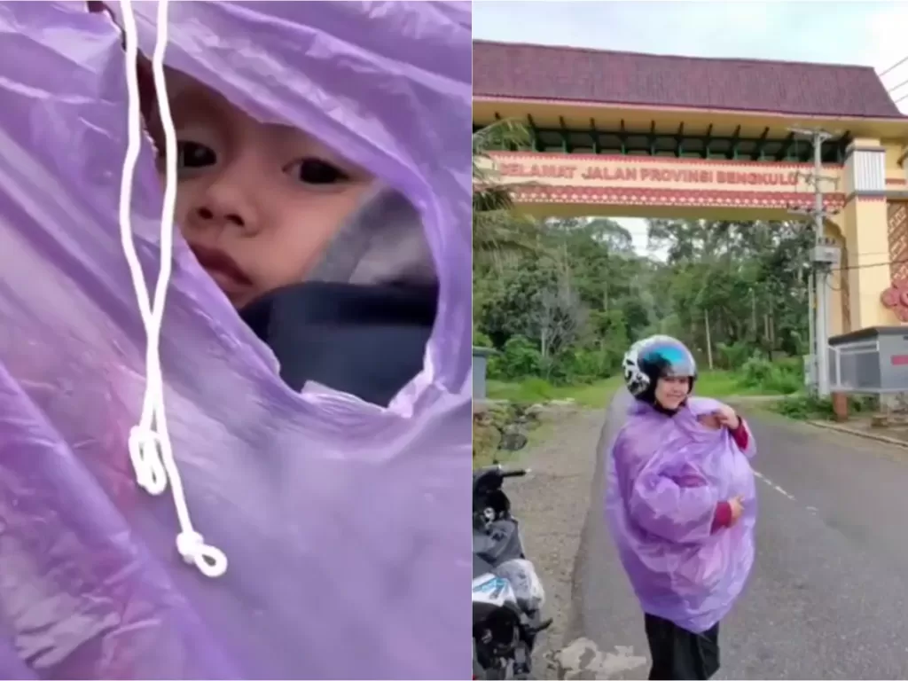 Anak dan istri pakai jas hujan yang sama (Istimewa)