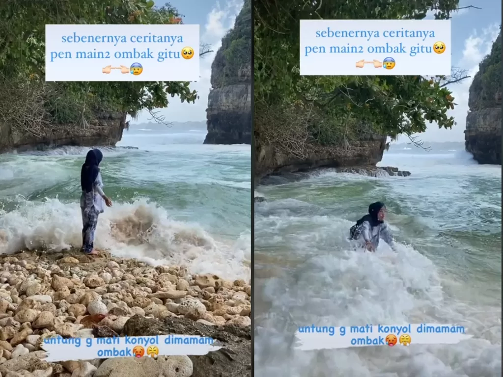 Cuplikan video disaat cewek yang main ombak di pantai, hampir terbawa arus. (photo/TikTok/@choki2choki)