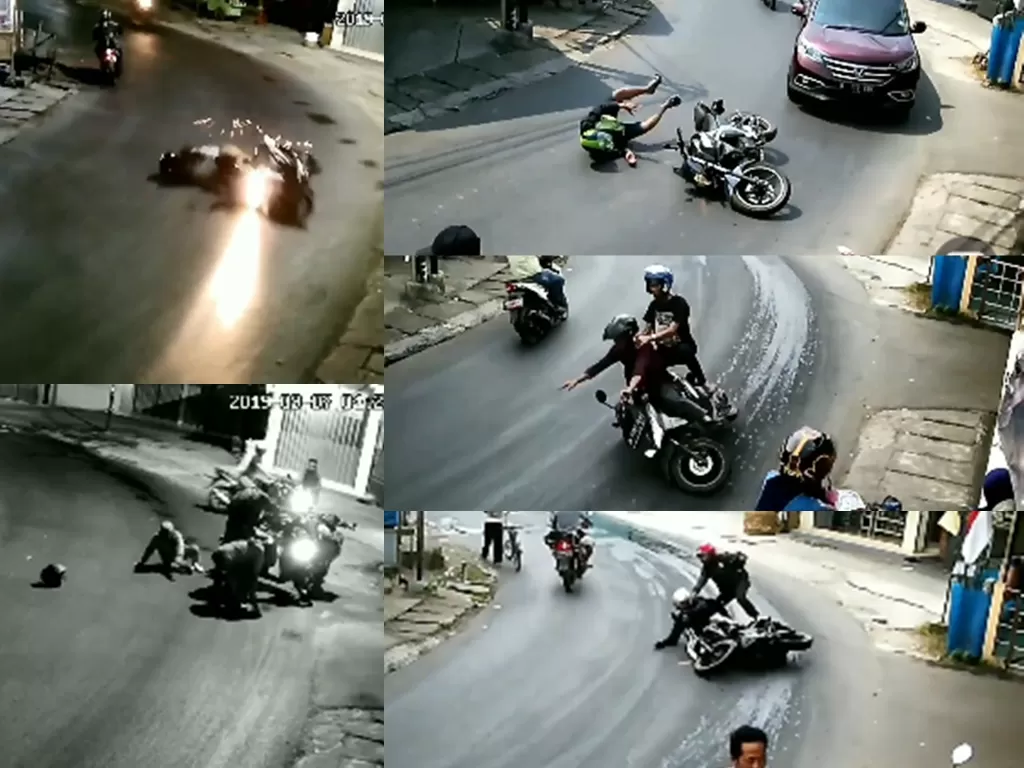 Beberapa pemotor jatuh di tikungan. (Instagarm/@dashcam_owners_indonesia)