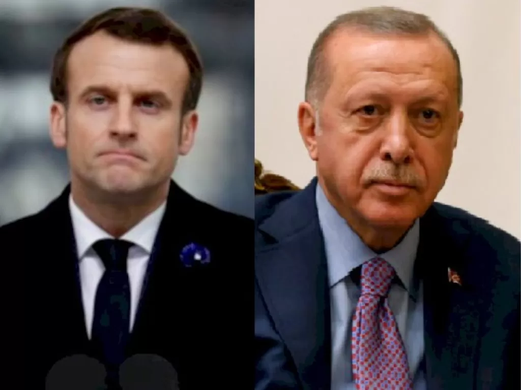 Presiden Emmanuel Macron. (REUTERS/Gonzalo Fuentes), Presiden Turki Recep Tayyip Erdogan. (REUTERS/Huseyin Aldemir).