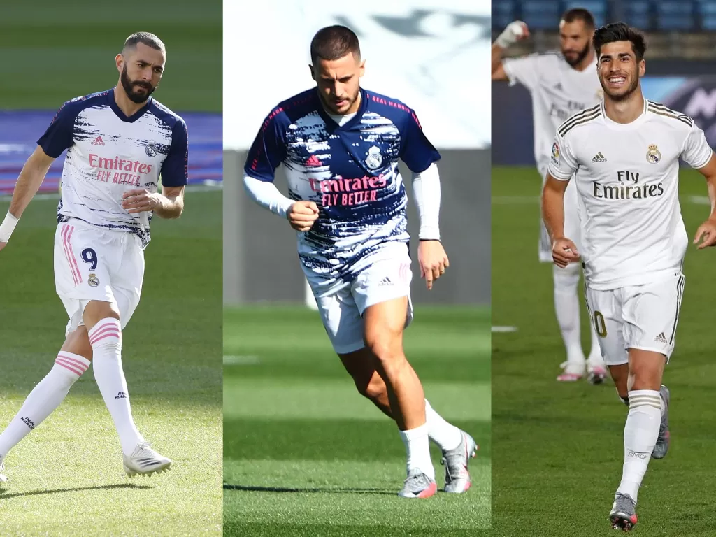 Karim Benzema (kanan), Eden Hazard (tengah), Marco Asensio (kiri). (REUTERS/ALBERT GEA/JAVIER BARBANCHO/Instagram/@marcoasensio10)