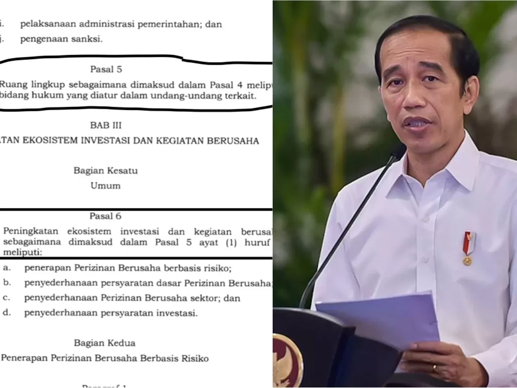 Kiri: Pasal bermasalah di UU Cipta Kerja (Istimewa) / Kanan: Presiden Jokowi (Instagram/sekretariat.kabinet)