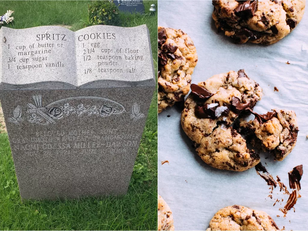 Kiri: Resep makanan di atas batu nisan (Facebook/Stephen Bonnar) / Kanan: Ilustrasi biskuit (Unsplash)