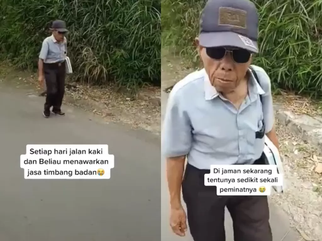Kakek ini jalan kaki belasan kilometer tawarkan jasa timbang badan. (Tangkapan layar)