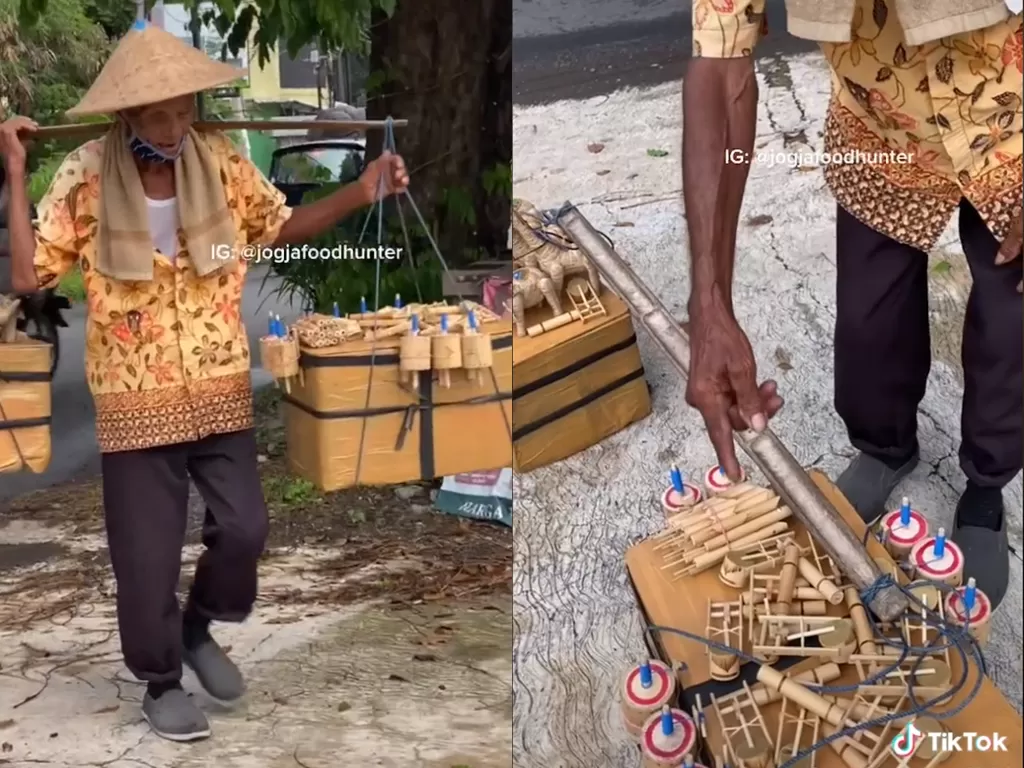 Cuplikan video disaat pria lanjut usia yang berjualan mainan jadul di Jogja. (photo/TikTok/@jogjafoodhunterofficial)