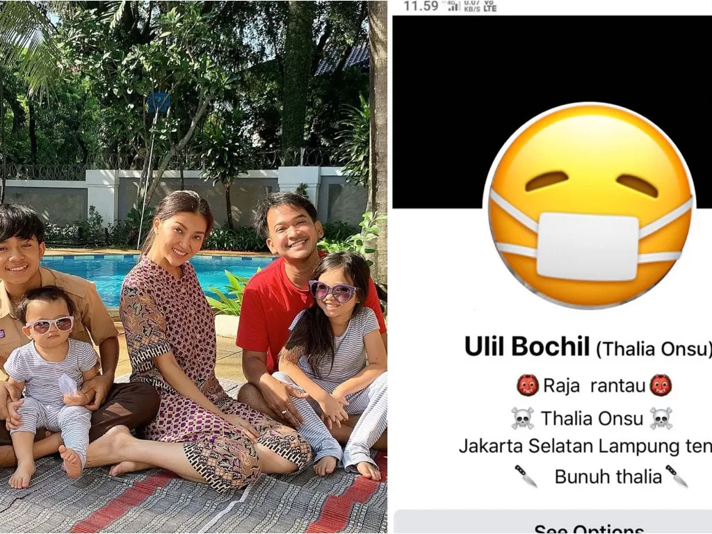 Kiri: Keluarga Ruben Onsu. Kanan: Facebook berisi ancaman untuk Thalia. (Instagram/@ruben_onsu)