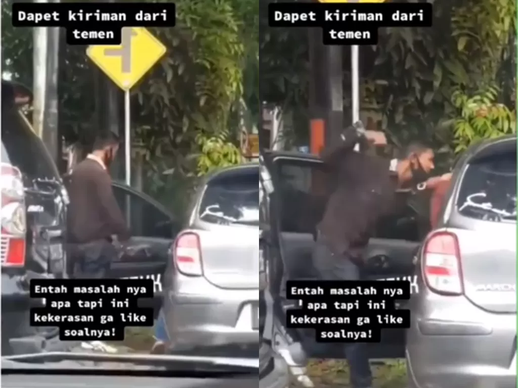 Cuplikan video saat pria yang emosi dan tarik kekasihnya dari mobil. (photo/Instagram/makassar_iinfo)