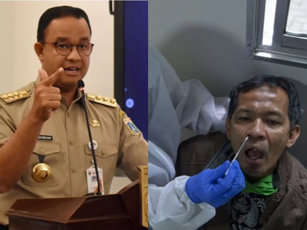Kolase foto Gubernur DKI Jakarta Anies Baswedan dan petugas saat melakukan tes usap antigen di kantor BPKP, Jakarta, Jumat (16/10/2020). (ANTARA)