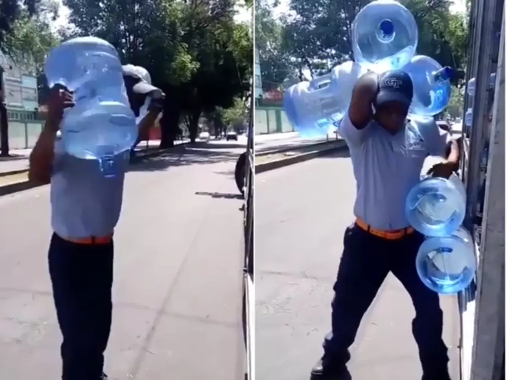 Cuplikan video disaat pria yang angkat lima galon air sekaligus. (photo/Instagram/istimewa)
