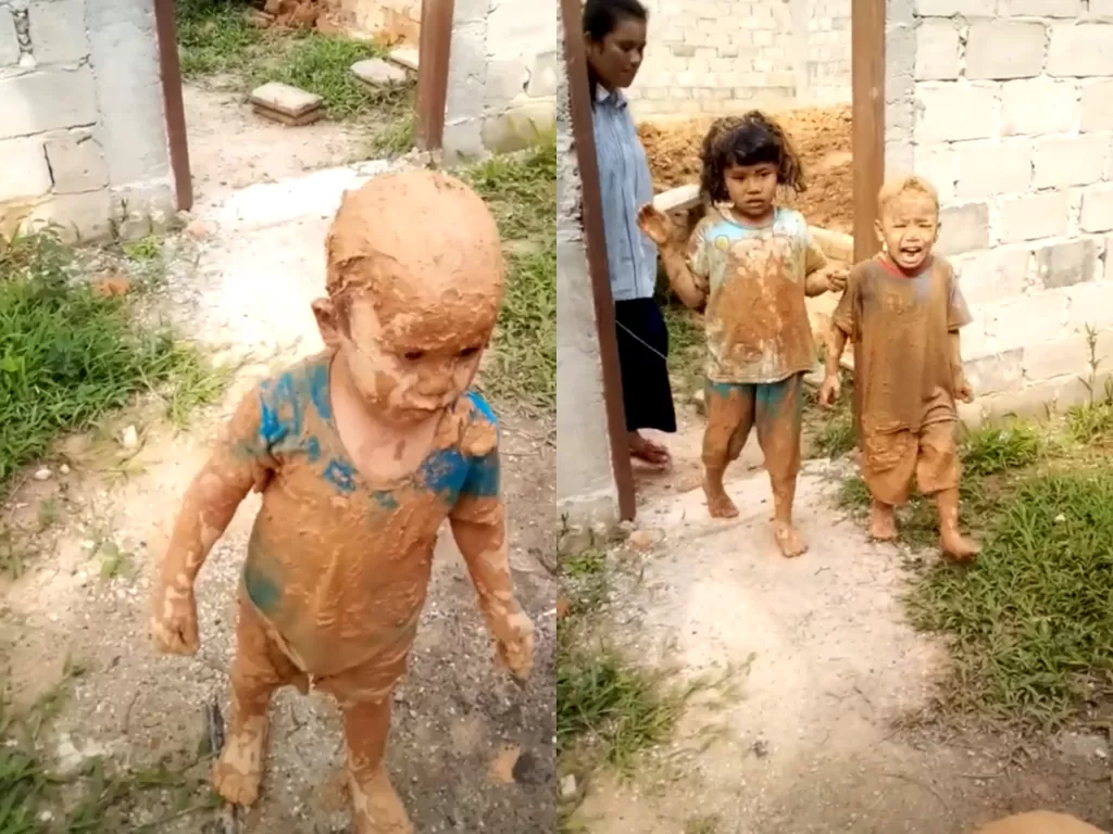 Cuplikan video disaat bocah yang ketahuan main lumpur sama emaknya. (photo/TikTok/@ayati_sitompul)
