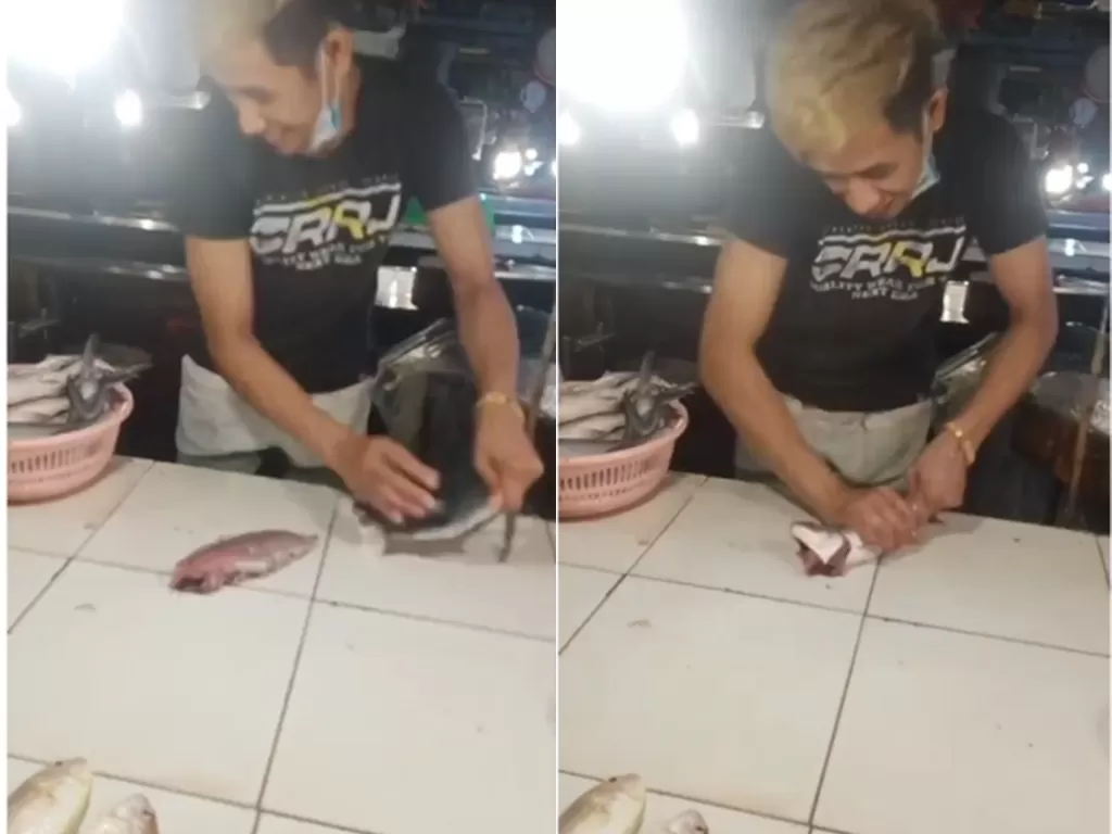 Cuplikan video disaat pria yang mengeluarkan isi ikan bandeng. (photo/Instagram/@makassar_iinfo)