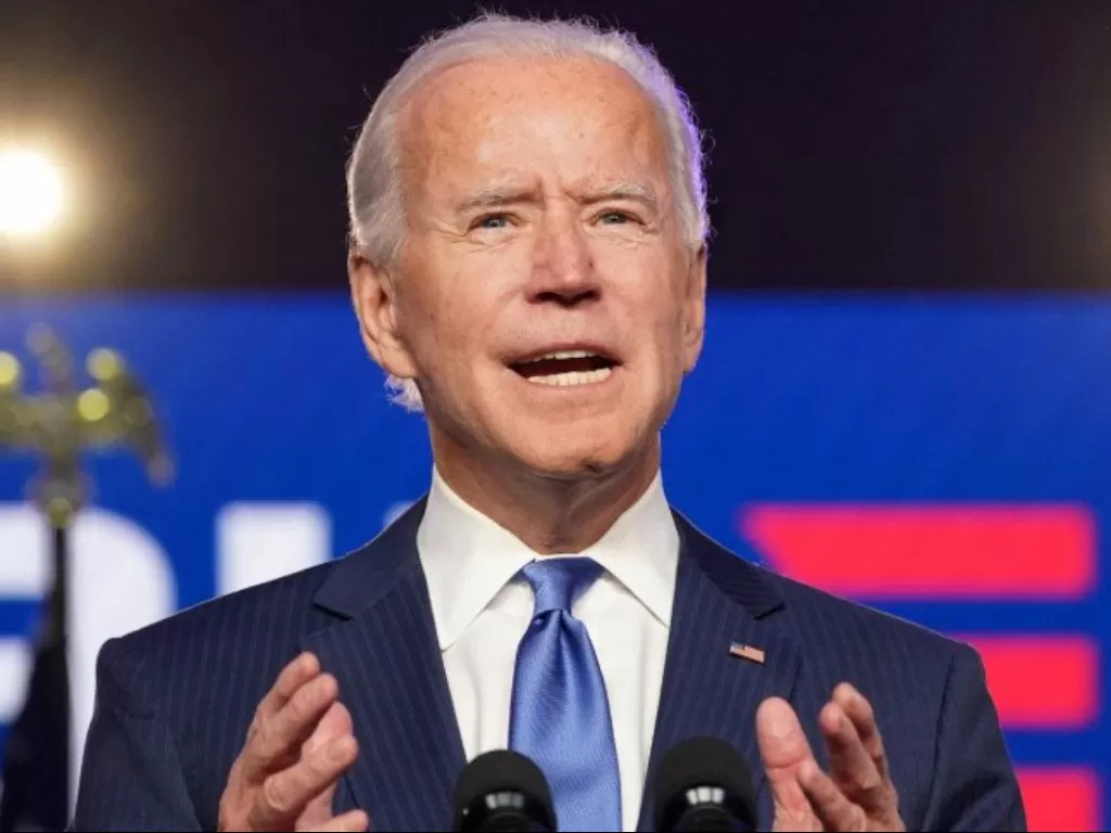  Calon presiden Amerika Serikat dari Demokrat Joe Biden berbicara tentang hasil pemilihan di Wilmington, Delaware, Amerika Serikat, Jumat (6/11/2020). (photo/REUTERS/Kevin Lamarque)
