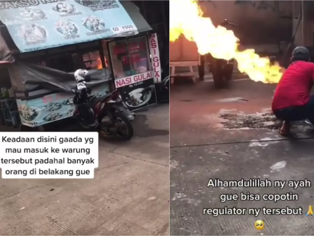 Seorang pria padamkan tabung gas yang terbakar (Instagram/makassar_iinfo)