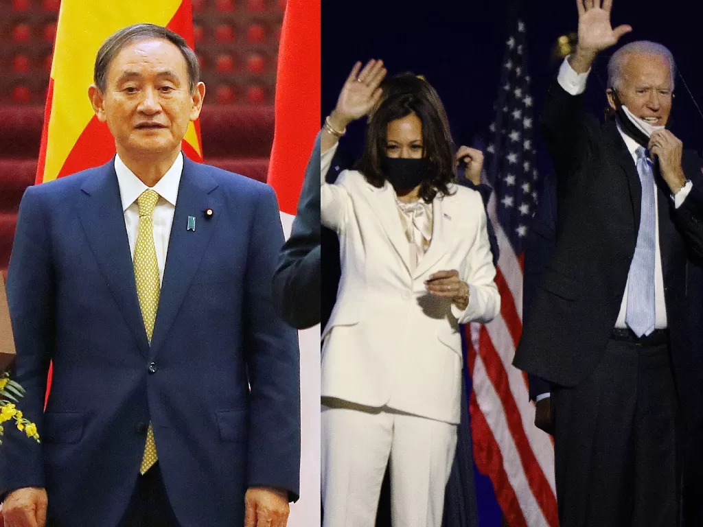 Perdana Menteri Jepang Suga Yoshihide (Minh Hoang/Pool via REUTERS), Kamala Harris dan Joe Biden (REUTERS/Jim Bourg).
