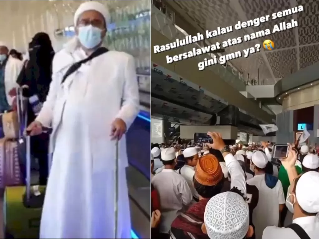 Kiri: Habib Rizieq Shihab tiba di Bandara Soekarno-Hatta, Tangerang, Banten, Selasa (10/11/2020). (Tangkapan layar Front TV). Kanan: Insta Story Arie Untung. (Instagram/@ariekuntung)