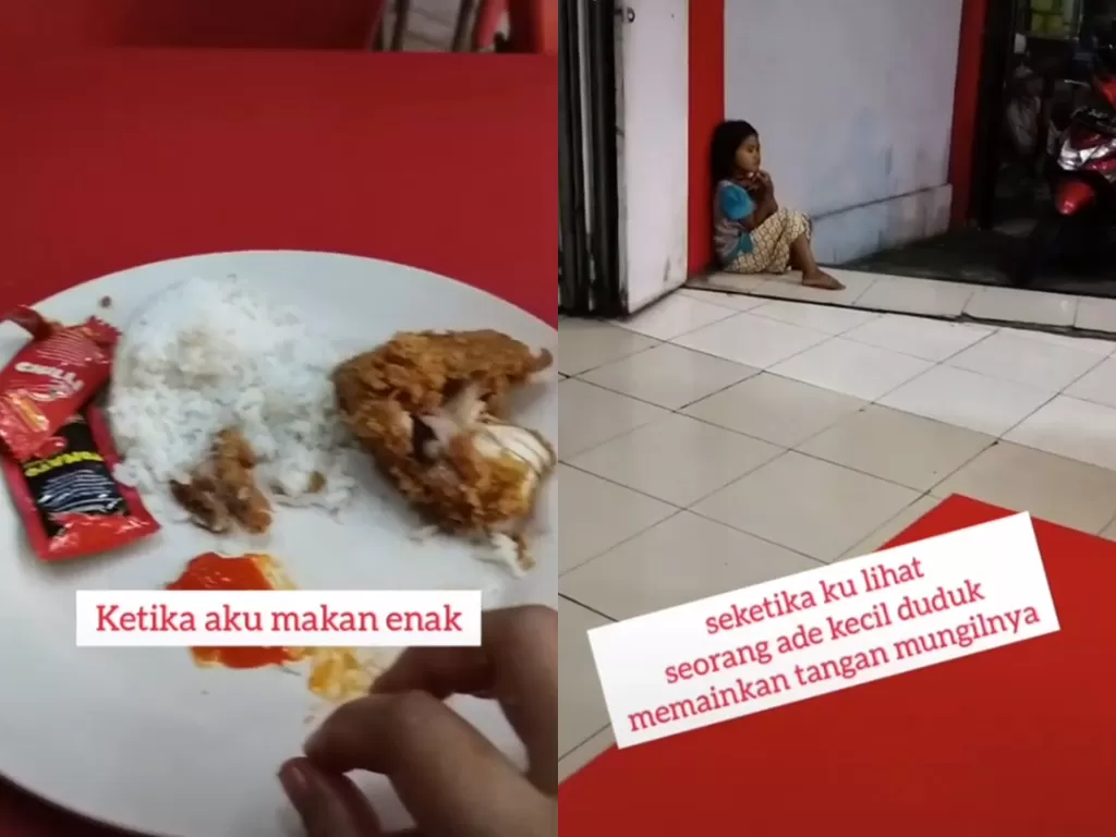 Cuplikan video saat bocah yang terduduk didepan rumah makan dan belum makan. (photo/TikTok/@lye_rismayati)