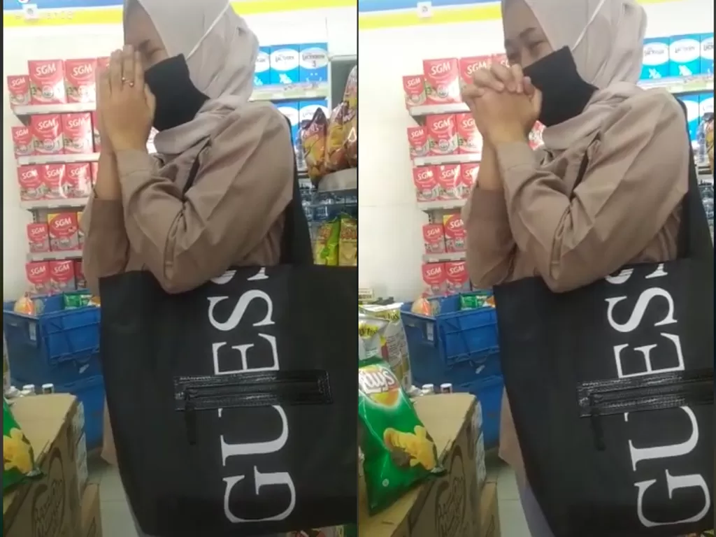 Cuplikan video saat wanita yang menangis saat ketahuan mencuri di minimarket. (photo/TikTok/@vaulan08)