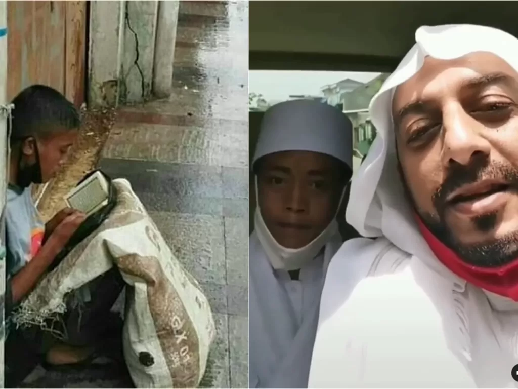 Kiri: Akbar, bocah pemulung viral yang membaca Alquran (Istimewa) / Kanan: Syekh Ali Jaber dan Akbar (Instagram/syekh.alijaber)