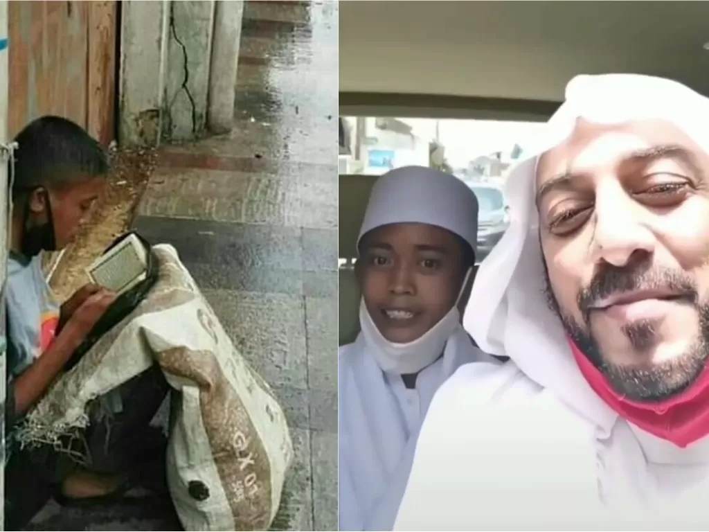 Kiri: Akbar bocah pemulung yang viral karena membaca Al-Quran (Istimewa) / Kanan: Syekh Ali Jaber dan Akbar (Instagram/syekh.alijaber)