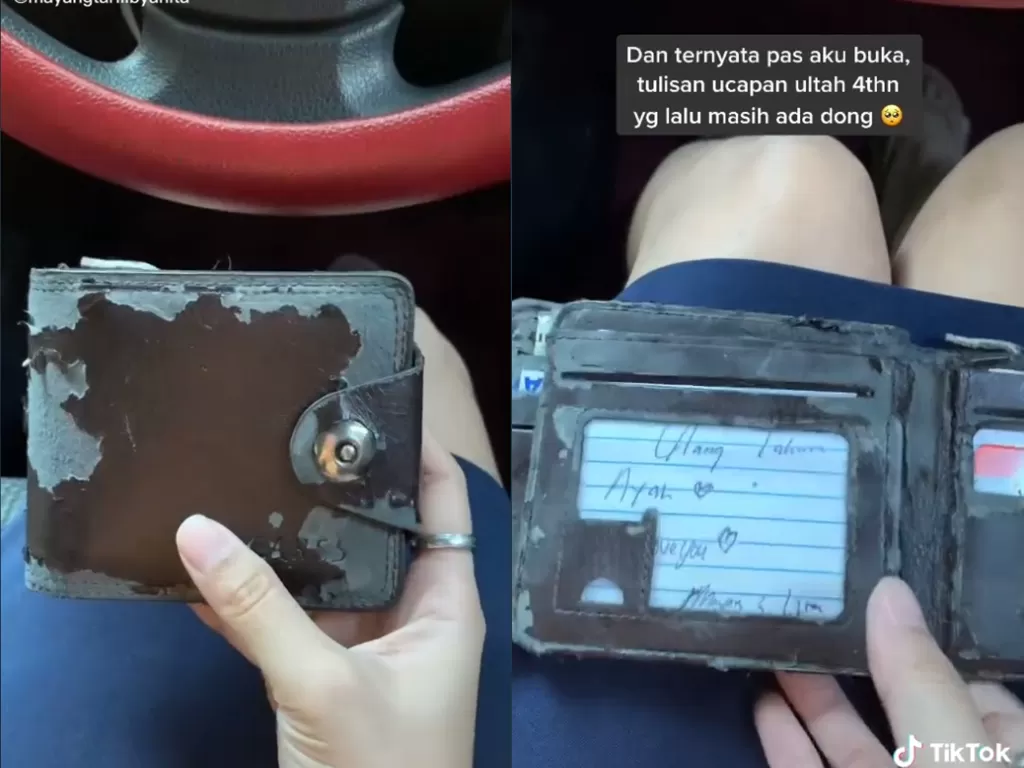 Cuplikan video cewek yang temukan dompet ayahnya yang sudah lusuh. (photo/TikTok/@mayangtarilibyanita)