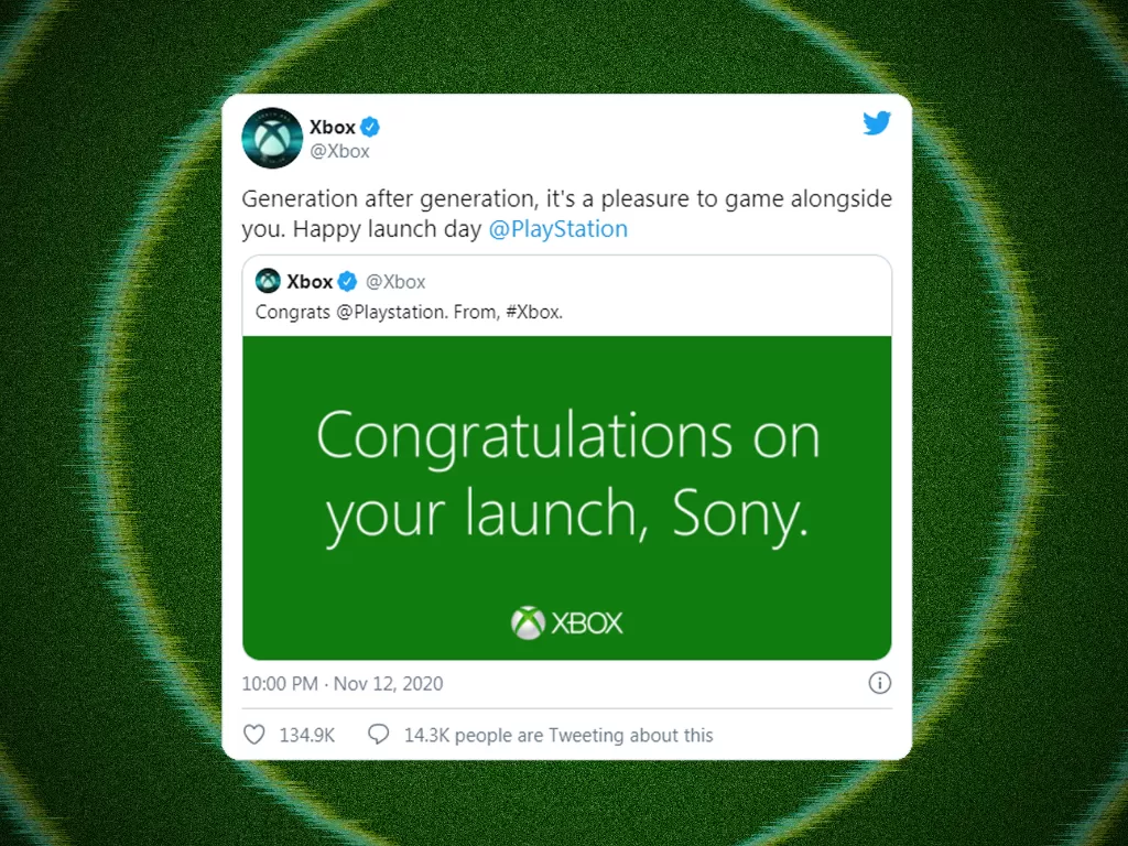 Cuitan akun Twitter Xbox untuk memberi selamat atas perilisan PS5 (photo/Twitter/@Xbox)