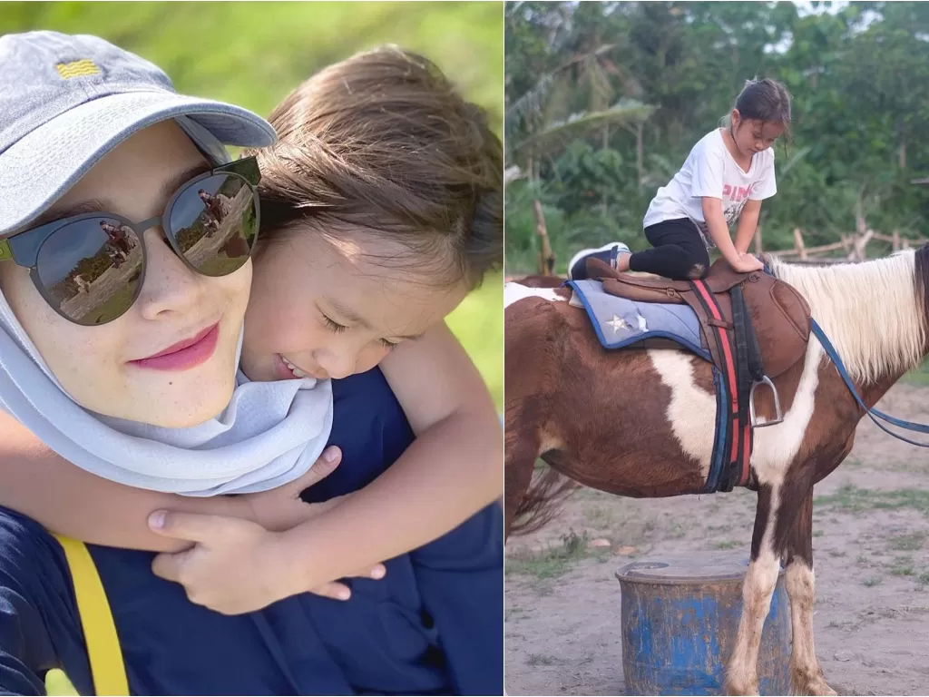Kiri: Zaskia Adya Mecca dan anaknya, Kala. Kanan: Kala saat naik kuda. (Instagram/@zaskiadyamecca)