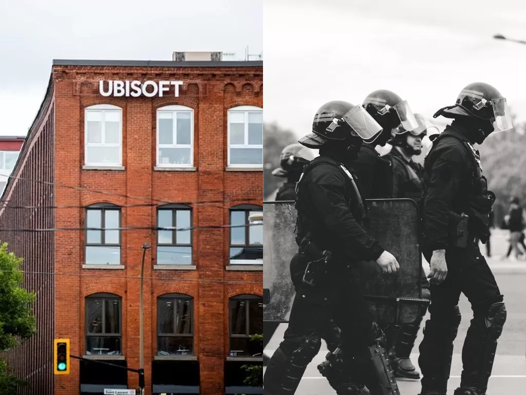 Kantor pusat Ubisoft Montreal dan ilustrasi polisi di Prancis (photo/Ubisoft/Unsplash/ev)