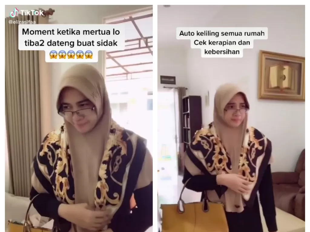Video parodi saat ibu mertua sidak ke rumah, cek semua kebersihan hingga isi kulkas. (TikTok/@elizasifaa)