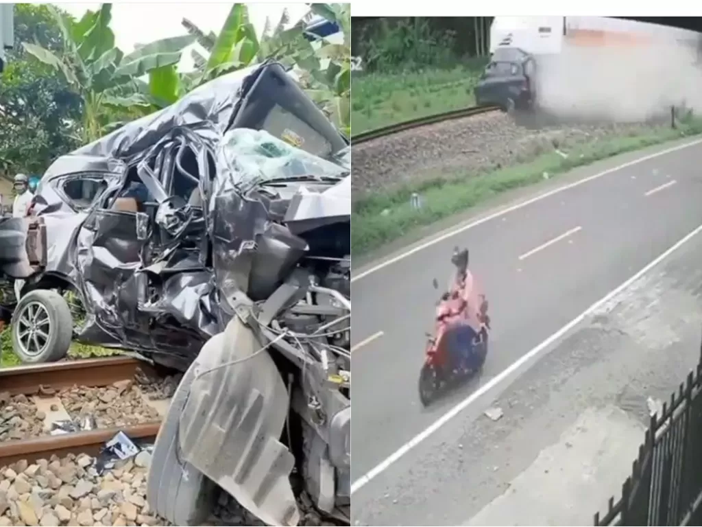 Mobil Calya terseret kereta api sejauh 330 meter di Blitar, Jawa Timur. (Instagram)