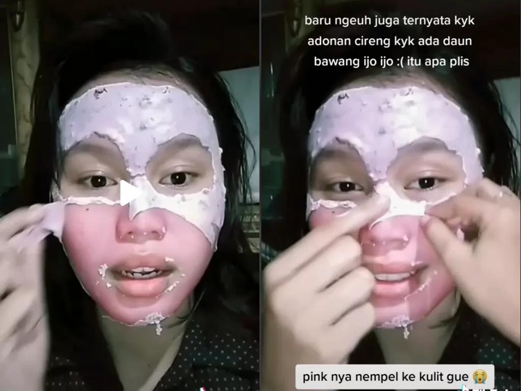 Cuplikan video curhatan cewek yang pake masker dan ubah warna kulitnya jadi pink. (photo/TikTok/@liebegurl)