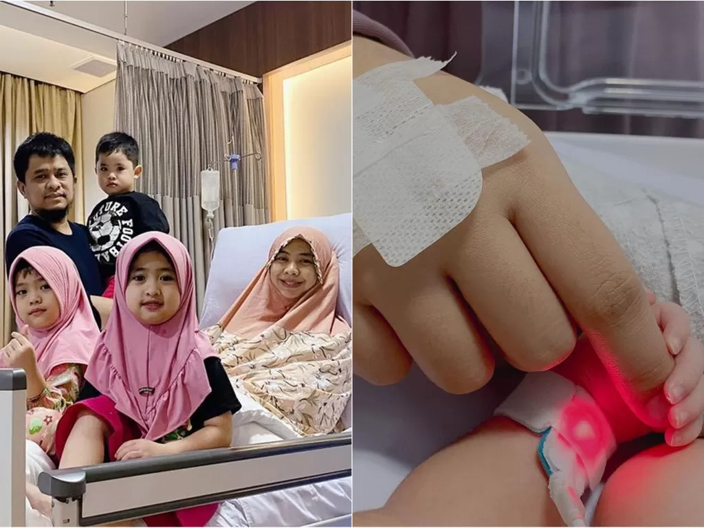 Kiri: Oki Setiana Dewi pasca melahirkan. Kanan: Oki dan tangan anaknya. (Instagram/@okisetianadewi)