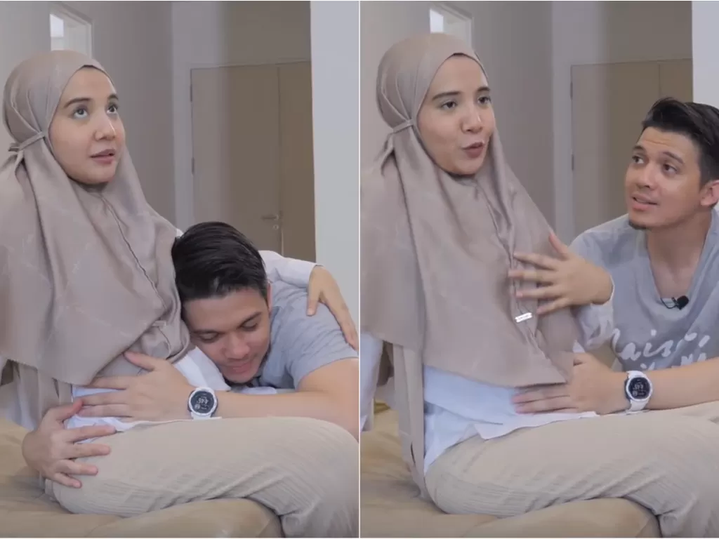 Zaskia Sungkar dan Irwansyah saat merasakan tendangan dari anaknya. (YouTube/The Sungkars Family)