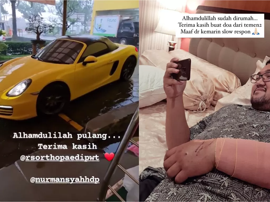 Kiri: Dimas dijemput dengan mobil Porsche Boxster (Instagram/dimas_prasetyahani) / Kanan: Dimas sudah di rumah usai insiden tabrakan (Instagram/denitaadveptiana)