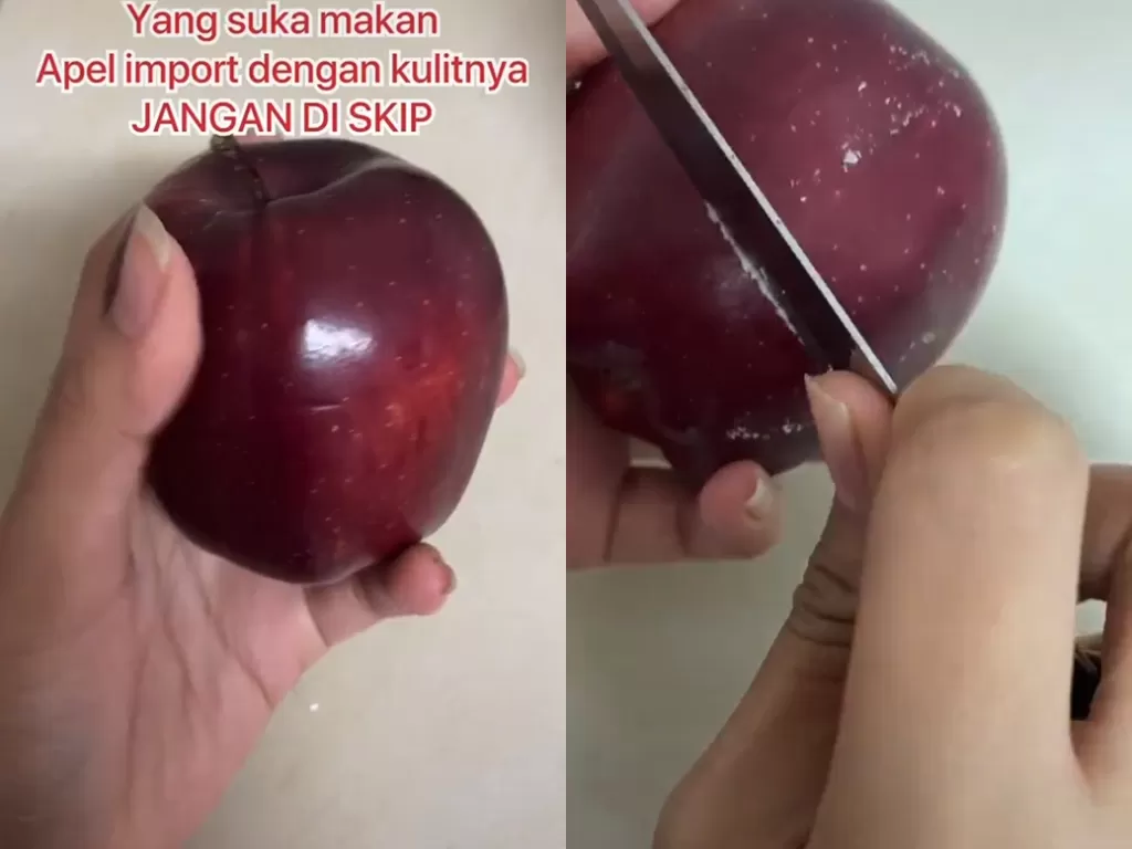 Cuplikan video apel yang dibersihkan dari lapisan lilin. (photo/TikTok/@rose.shita)